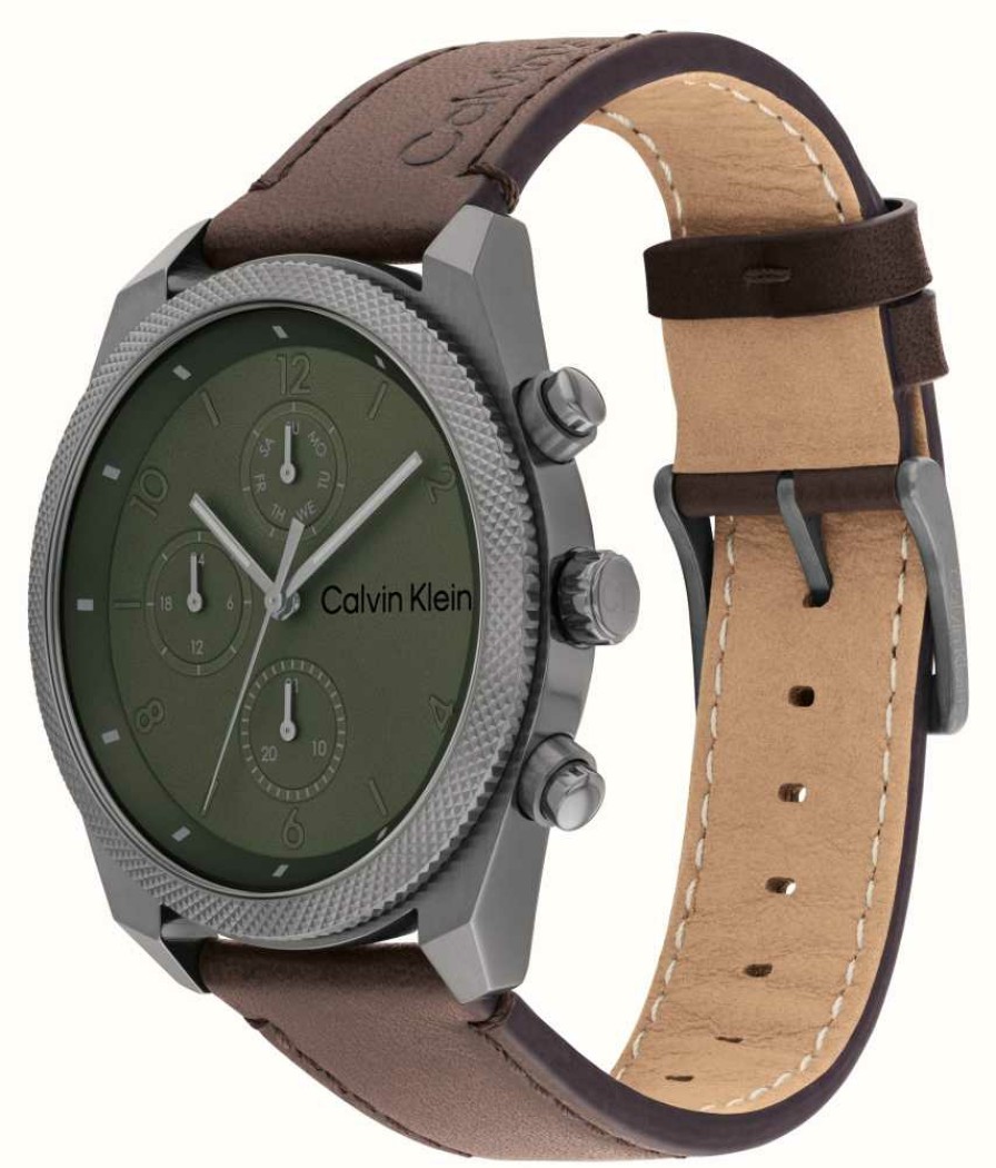 Men'S Calvin Klein | Calvin Klein Impact Men'S (44Mm) Green Dial / Brown Leather Strap