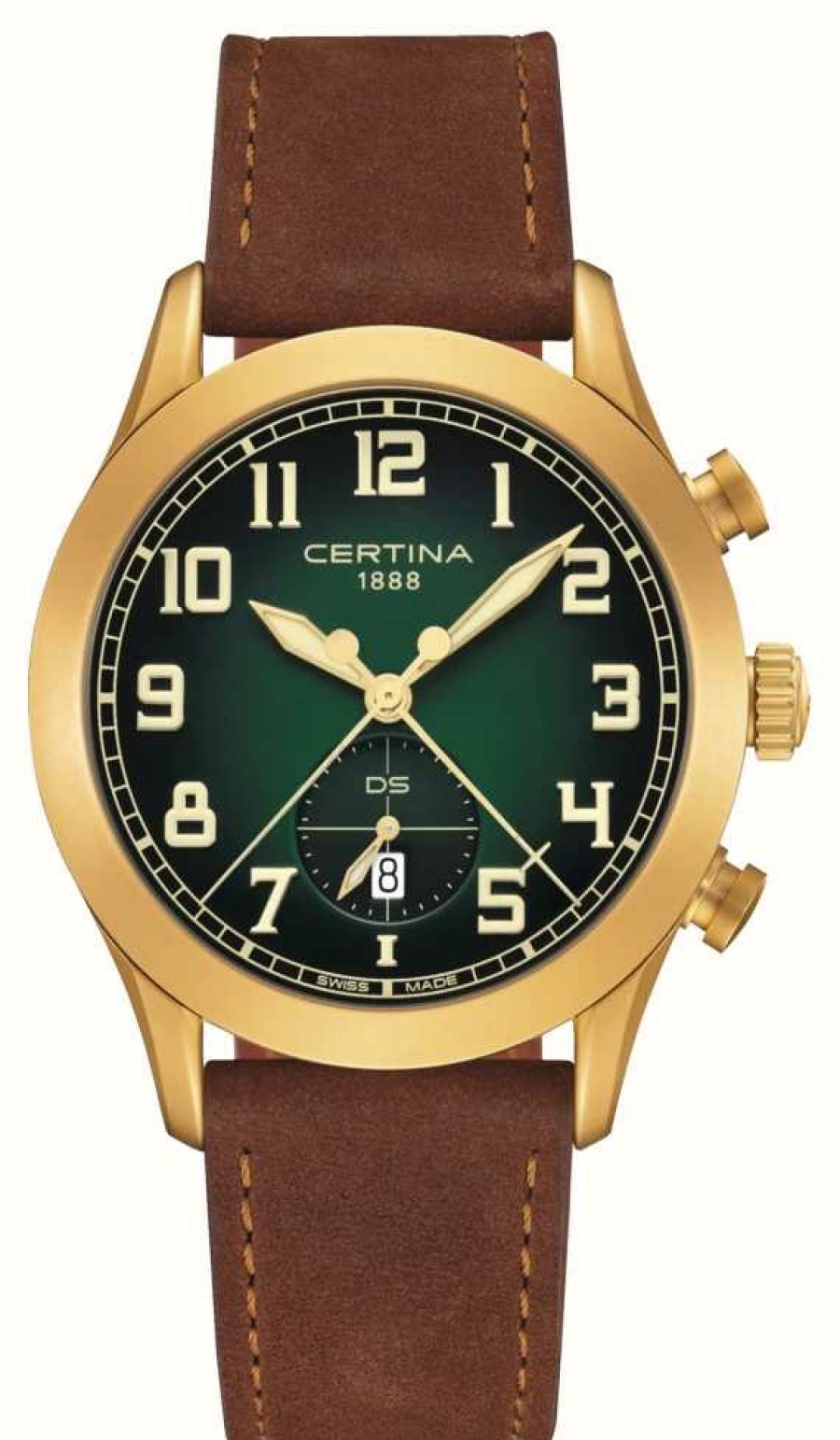 Men'S Certina | Certina Ds Pilot Quartz (43Mm) Green Fume Dial / Brown Leather Strap