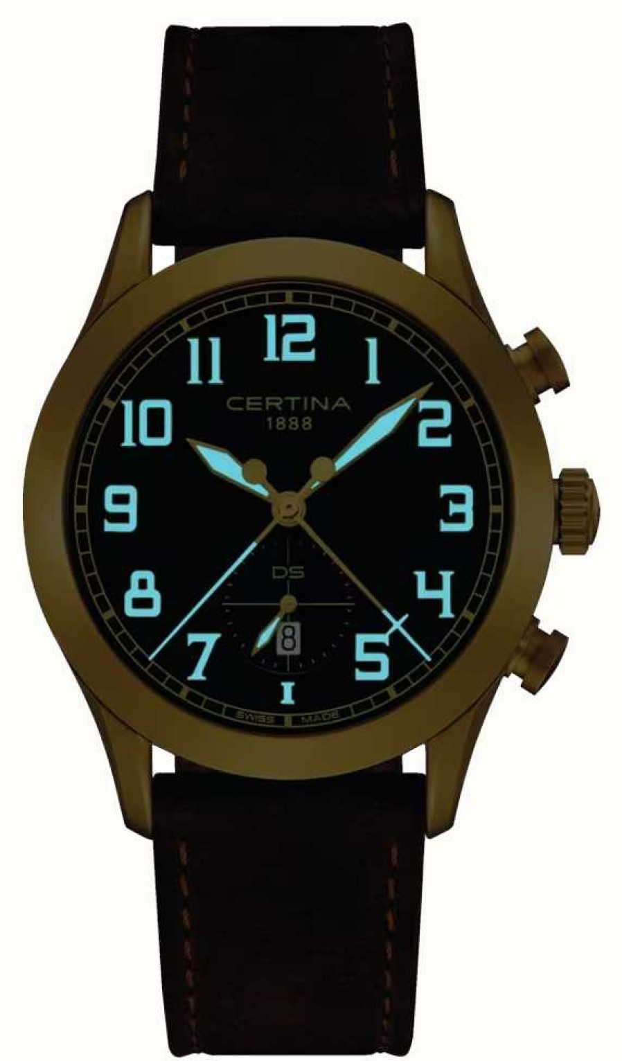 Men'S Certina | Certina Ds Pilot Quartz (43Mm) Green Fume Dial / Brown Leather Strap