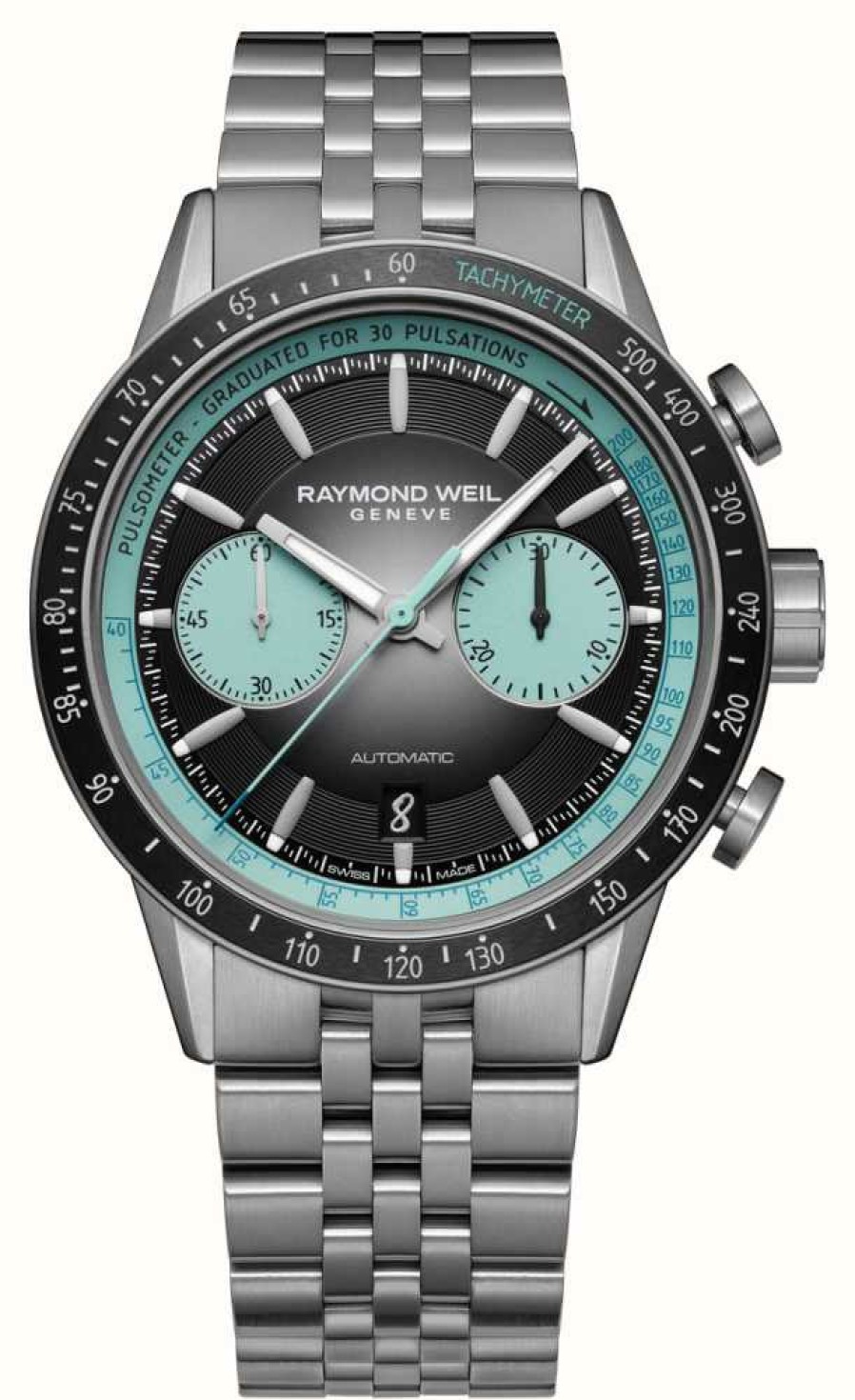 Men'S Raymond Weil | Raymond Weil Freelancer Pop Bi-Compax Chronograph Limited Edition (43.5Mm) Black & Turquoise Dial / Titanium