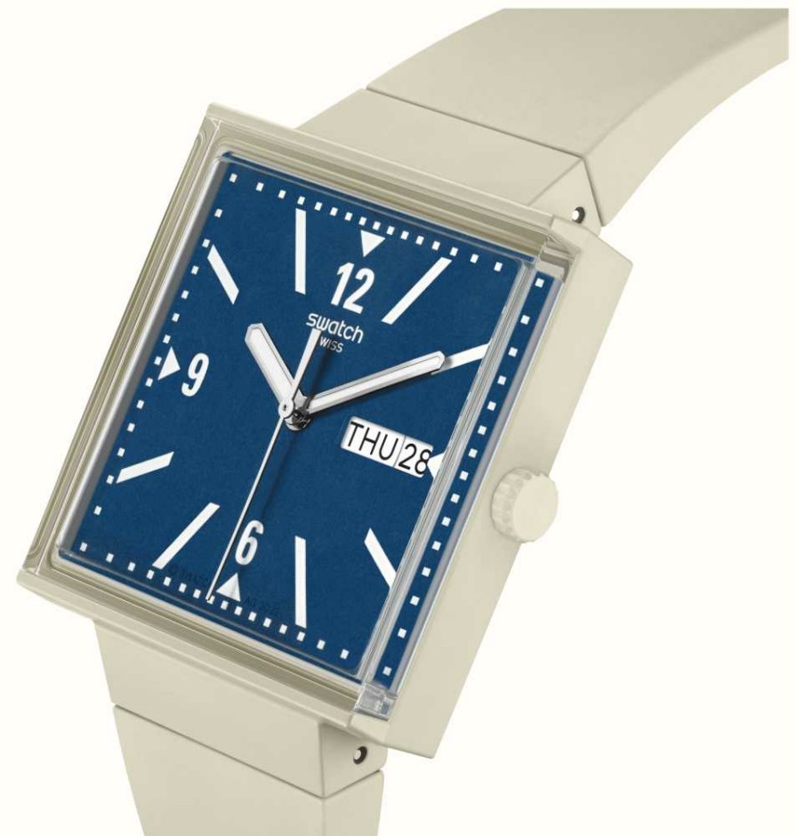 Men'S Swatch | Swatch Bioceramic What If... Beige (33.25Mm) Blue Dial / Beige Strap