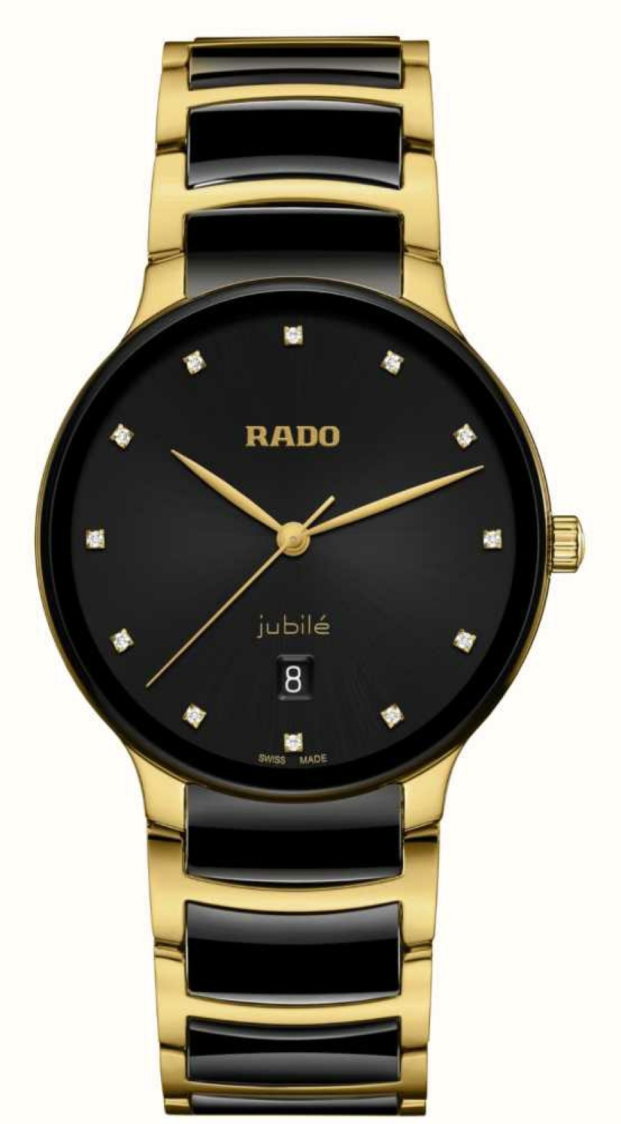 Men'S RADO | Rado Centrix Diamonds Quartz (39.5Mm) Black Dial / Black High-Tech Ceramic & Gold Pvd Stainless Steel