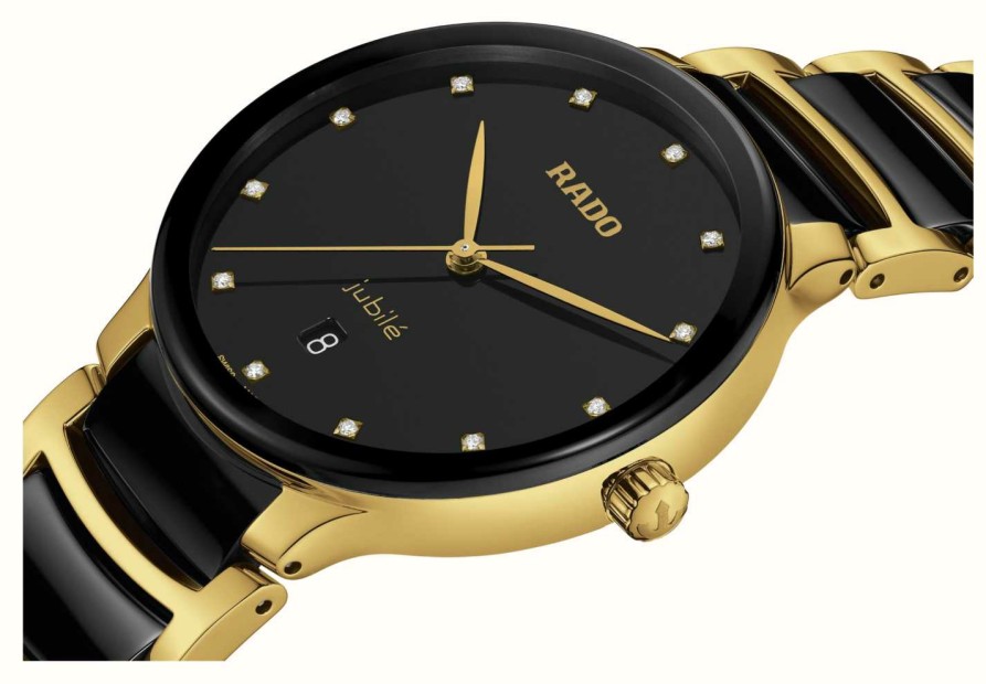 Men'S RADO | Rado Centrix Diamonds Quartz (39.5Mm) Black Dial / Black High-Tech Ceramic & Gold Pvd Stainless Steel