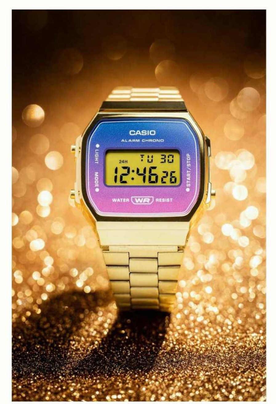 Women'S Casio | Casio Retro Digital Quartz (38.6Mm) Gradated Hue Dial / Gold Pvd