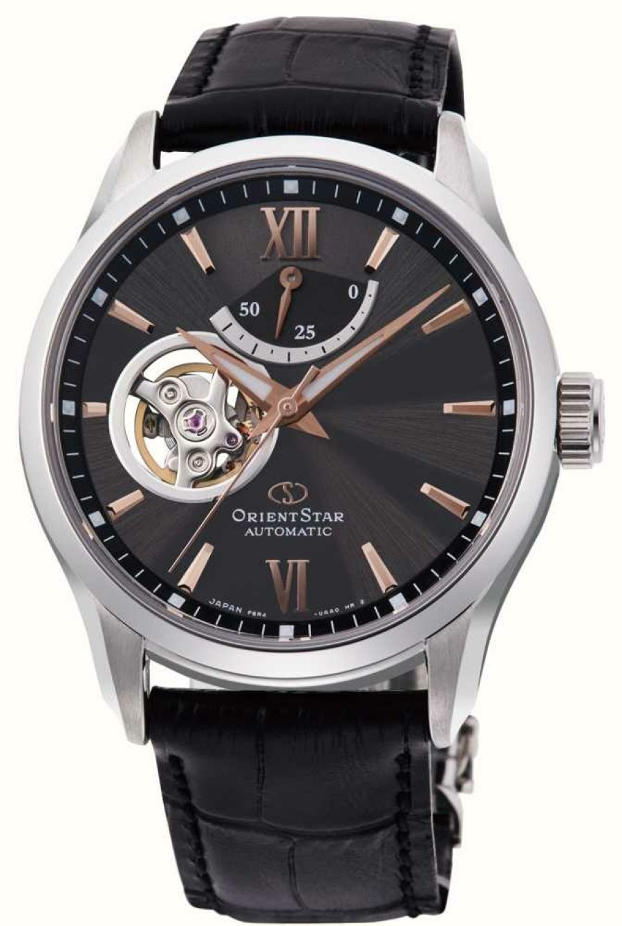 Men'S Orient Star | Orient Star Contemporary Open Heart Mechanical (39Mm) Black Dial / Black Leather