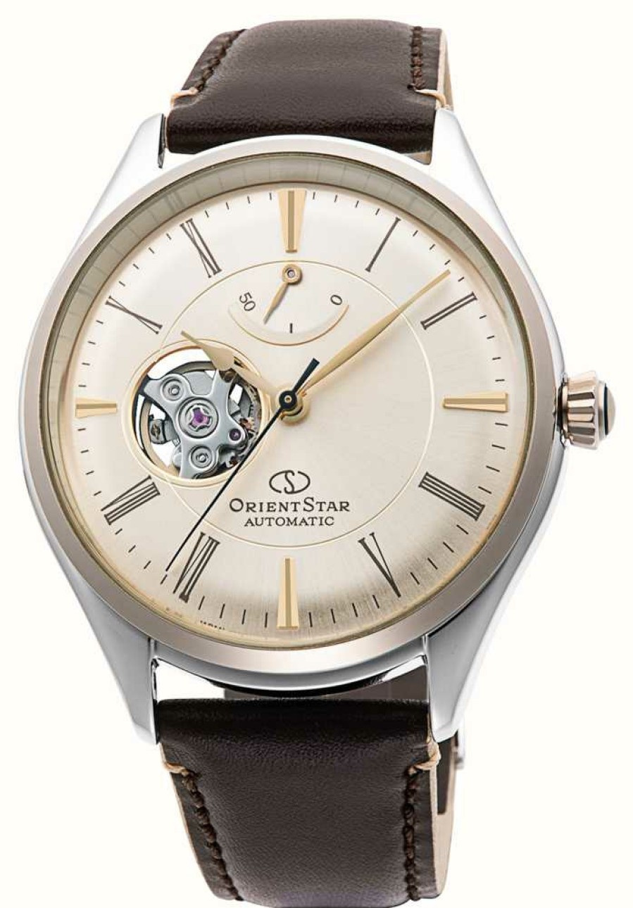 Men'S Orient Star | Orient Star Classic Semi-Skeleton Mechanical (40Mm) Cream Dial / Brown Leather