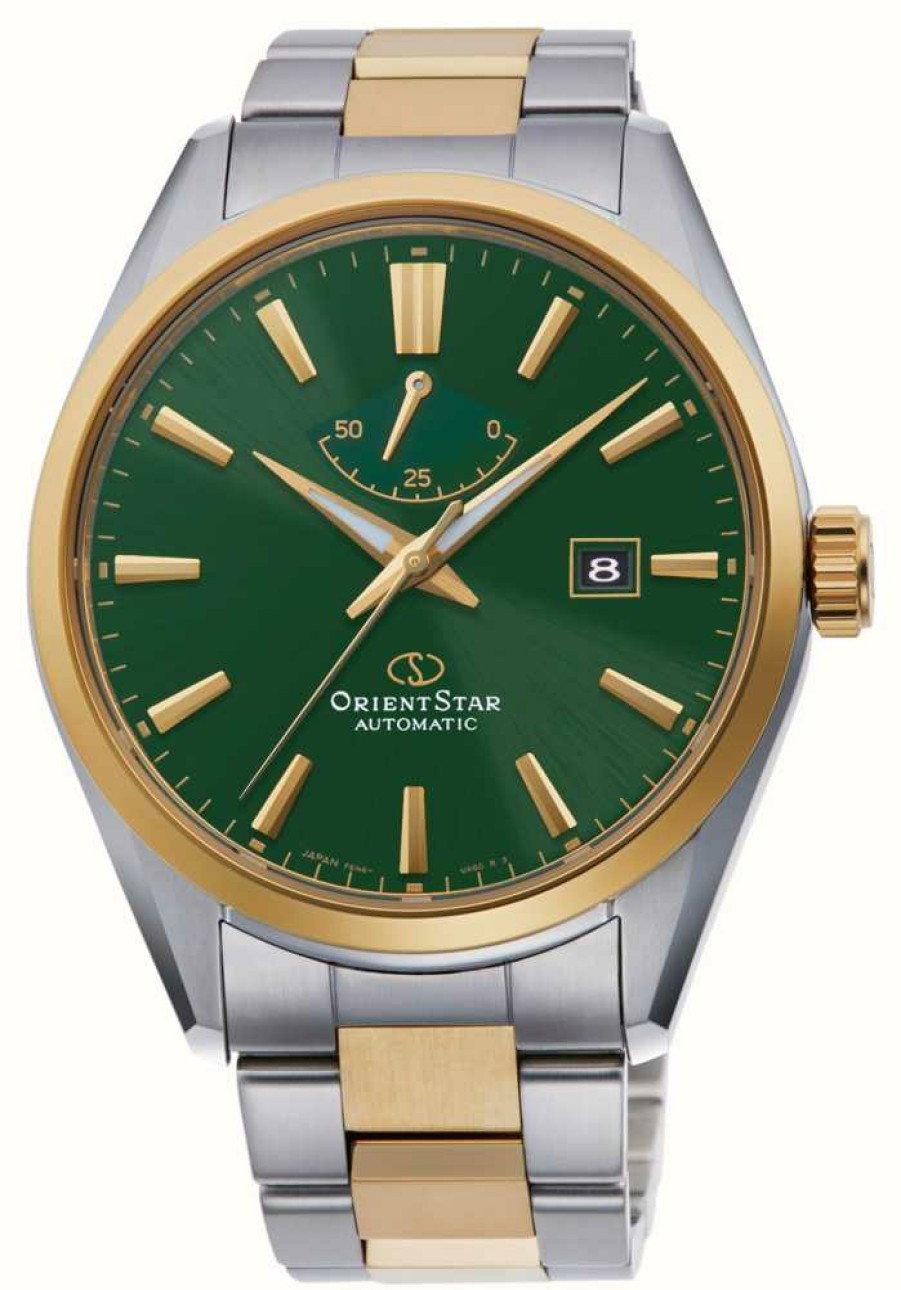 Men'S Orient Star | Orient Star Simple Date Mechanical (42Mm) Green Dial / Two-Tone Stainless Steel