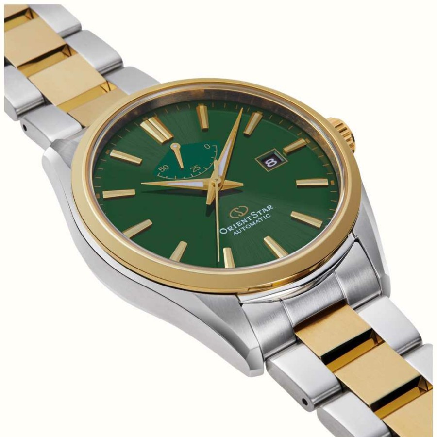 Men'S Orient Star | Orient Star Simple Date Mechanical (42Mm) Green Dial / Two-Tone Stainless Steel