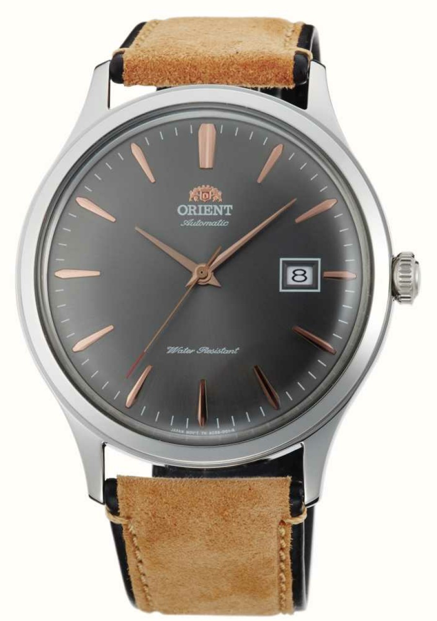 Men'S Orient | Orient Bambino Mechanical (42Mm) Dark Grey Dial / Beige Bund Leather