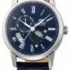 Men'S Orient | Orient Sun & Moon Mechanical (42.5Mm) Blue Dial / Black Leather