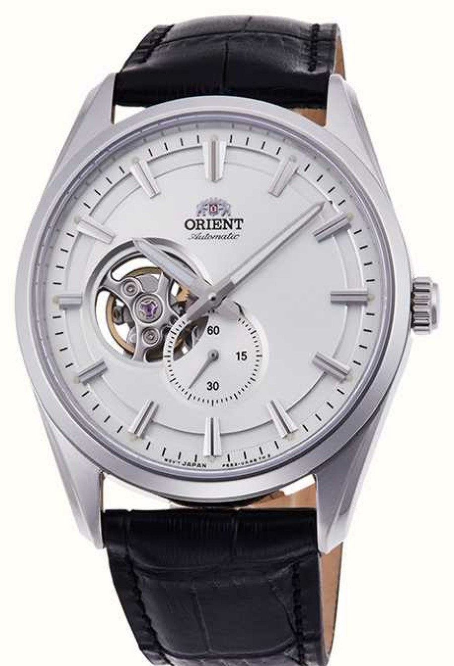 Men'S Orient | Orient Semi-Skeleton Open Heart Mechanical (41Mm) White Dial / Black Leather