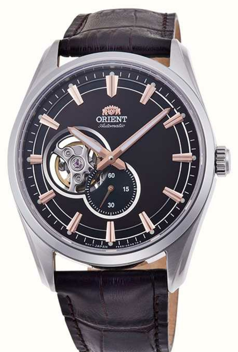 Men'S Orient | Orient Semi-Skeleton Open Heart Mechanical (41Mm) Black Dial / Black Leather