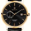 Men'S GANT | Gant East Hill (43Mm) Black Dial / Black Leather / Gold Pvd