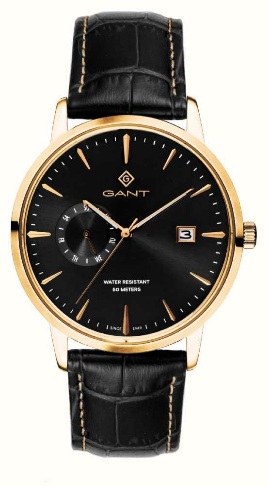 Men'S GANT | Gant East Hill (43Mm) Black Dial / Black Leather / Gold Pvd