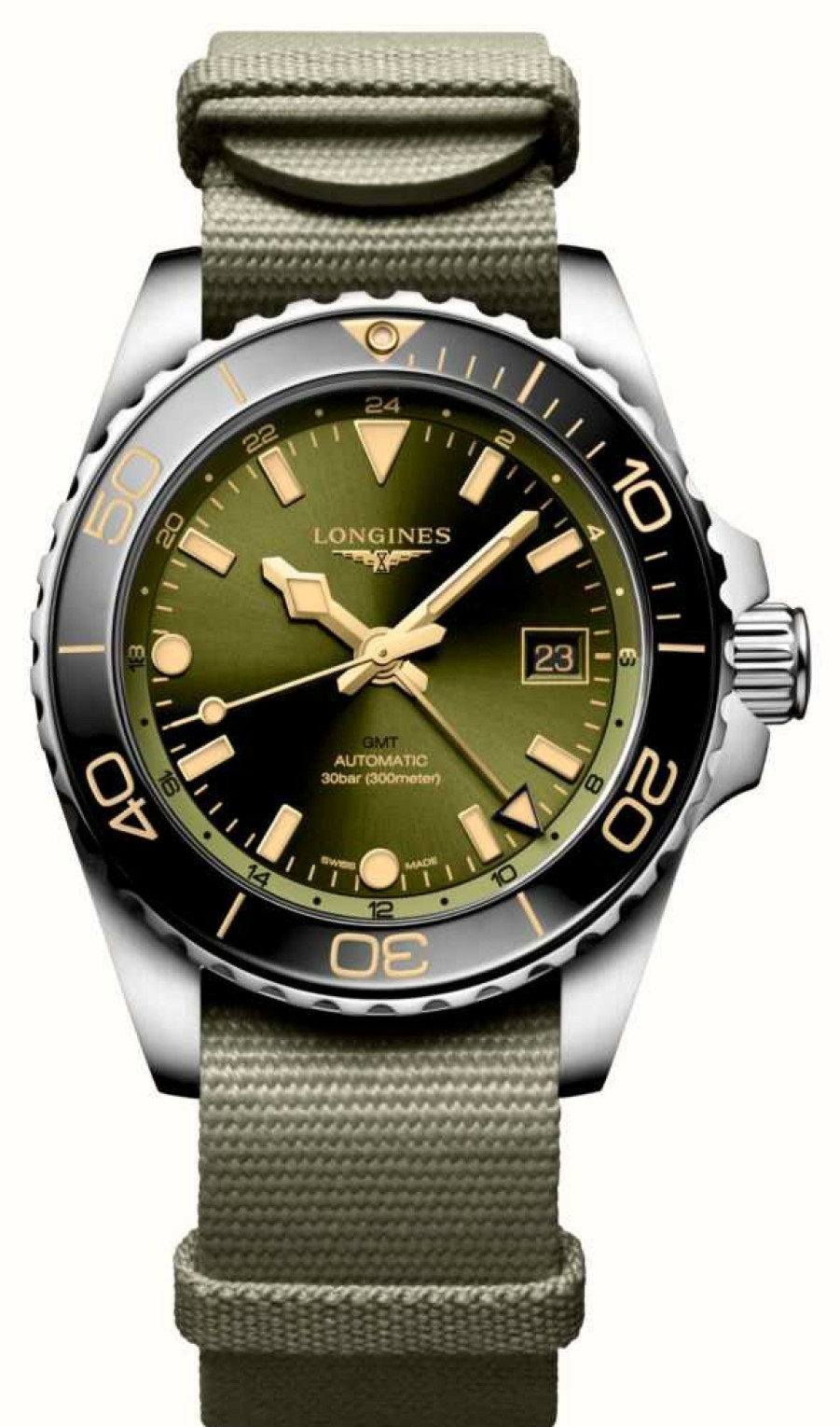 Men'S LONGINES | Longines Hydroconquest Gmt (41Mm) Sunray Green Dial / Green Nato Strap