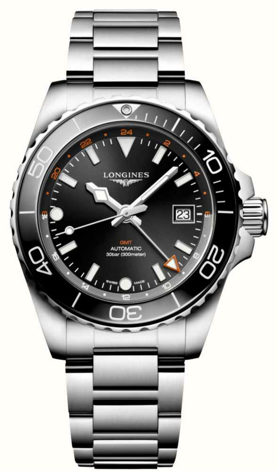 Men'S LONGINES | Longines Hydroconquest Gmt (41Mm) Sunray Black Dial / Stainless Steel Bracelet