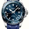 Men'S LONGINES | Longines Hydroconquest Gmt (41Mm) Sunray Blue Dial / Blue Rubber Strap