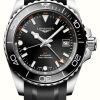 Men'S LONGINES | Longines Hydroconquest Gmt (41Mm) Sunray Black Dial / Black Rubber Strap