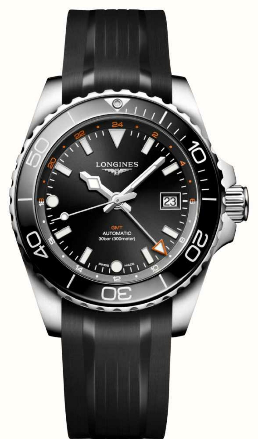 Men'S LONGINES | Longines Hydroconquest Gmt (41Mm) Sunray Black Dial / Black Rubber Strap