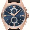 Men'S Emporio Armani | Emporio Armani Men'S (43Mm) Blue Chronograph Dial / Brown Leather Strap