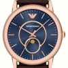 Men'S Emporio Armani | Emporio Armani Men'S (43Mm) Blue Moonphase Dial / Brown Leather Strap