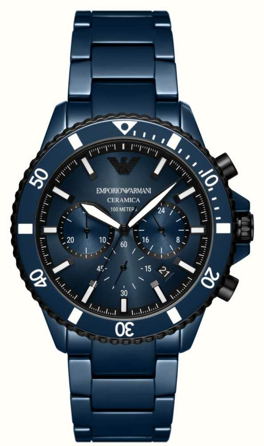 Men'S Emporio Armani | Emporio Armani Men'S (43Mm) Blue Chronograph Dial / Blue Ceramic Bracelet