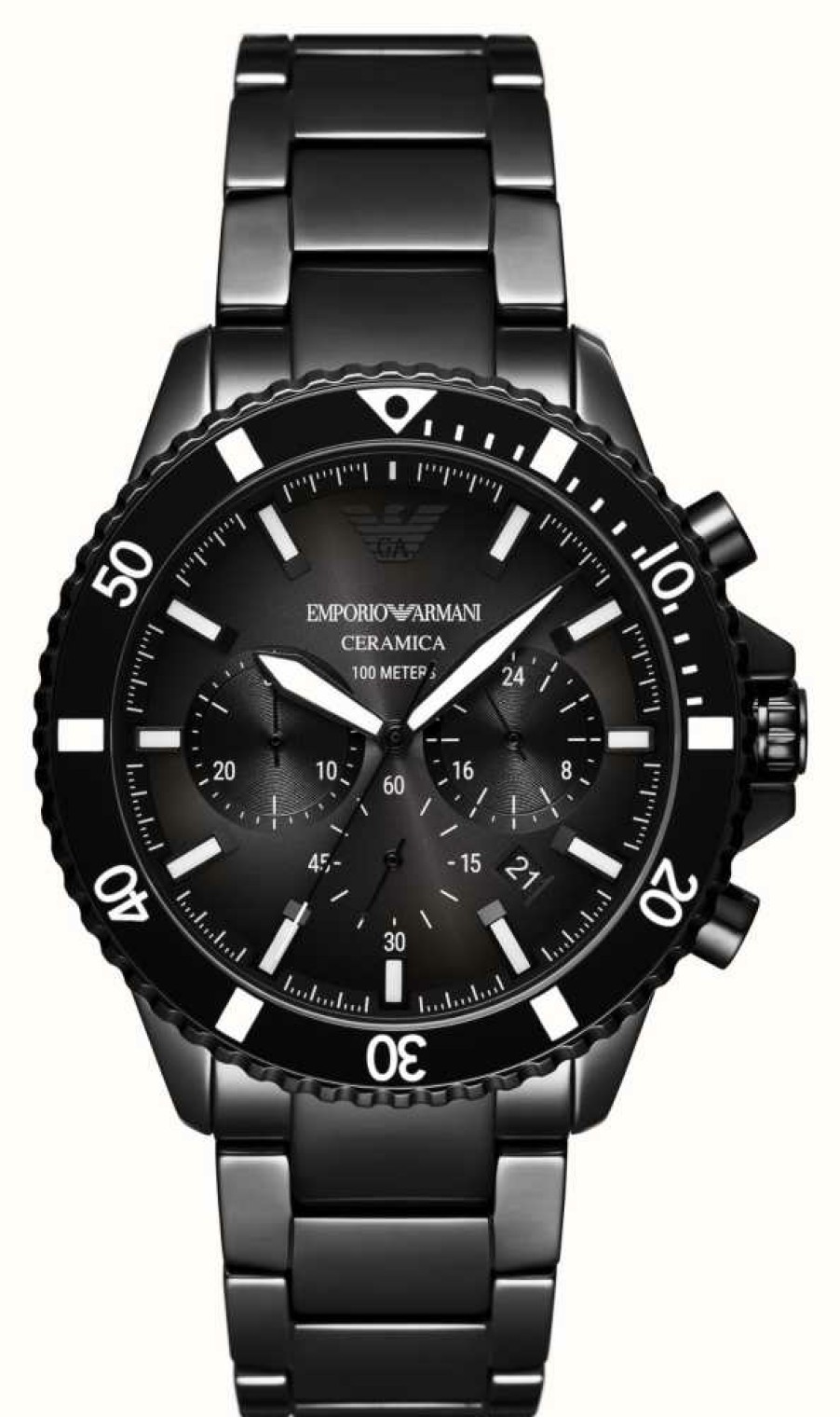 Men'S Emporio Armani | Emporio Armani Men'S (43Mm) Black Chronograph Dial / Black Ceramic Bracelet