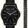 Men'S Armani Exchange | Armani Exchange Men'S (44Mm) Black Dial / Black Leather Strap With Matching Bracelet