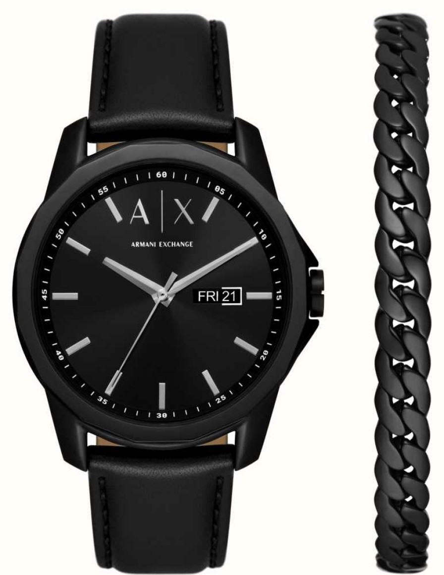 Men'S Armani Exchange | Armani Exchange Men'S (44Mm) Black Dial / Black Leather Strap With Matching Bracelet