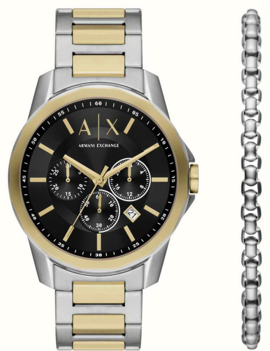 Men'S Armani Exchange | Armani Exchange Men'S Gift Set (44Mm) Black Dial / Two Tone Bracelet With Matching Bracelet