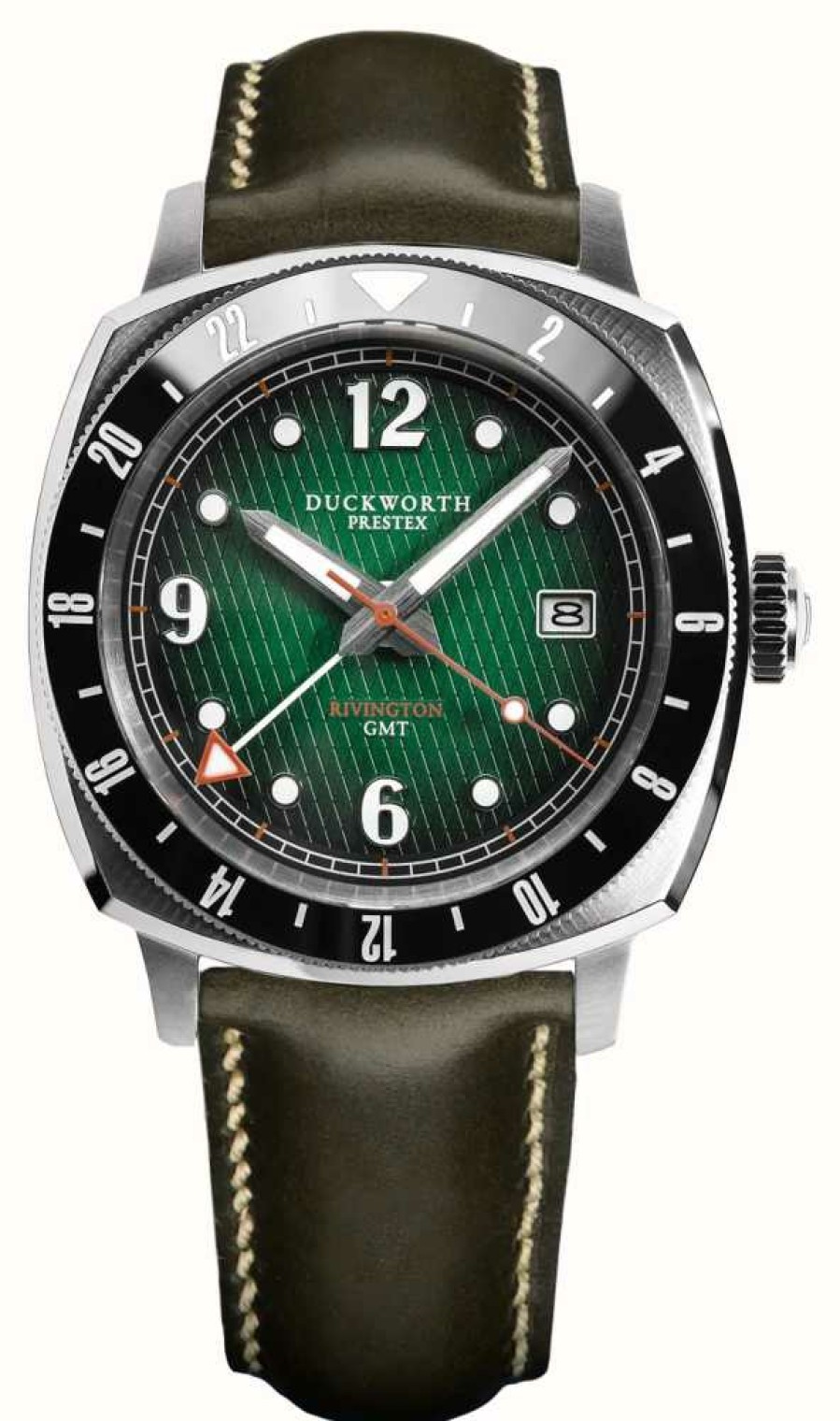 Men'S Duckworth Prestex | Duckworth Prestex Rivington Gmt (42Mm) Green Fume Waffle Dial / Green Horween Leather