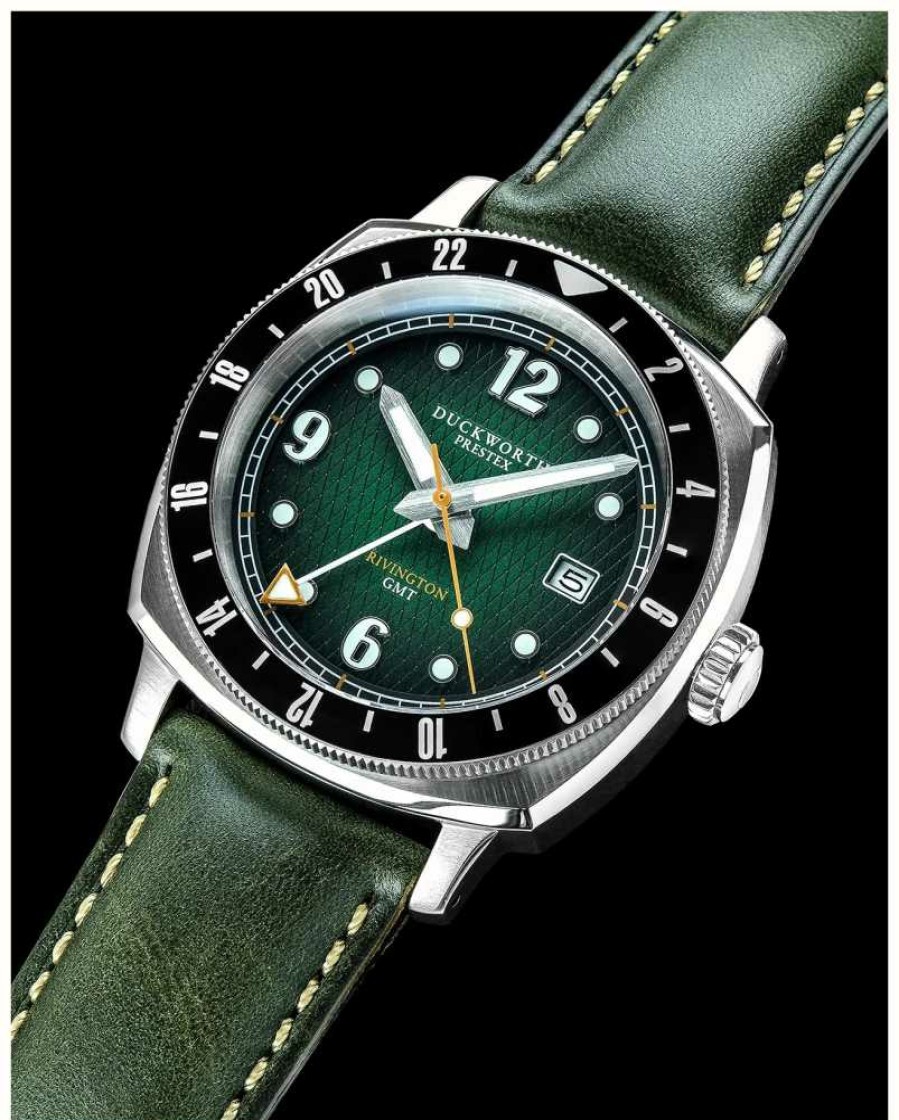 Men'S Duckworth Prestex | Duckworth Prestex Rivington Gmt (42Mm) Green Fume Waffle Dial / Green Horween Leather