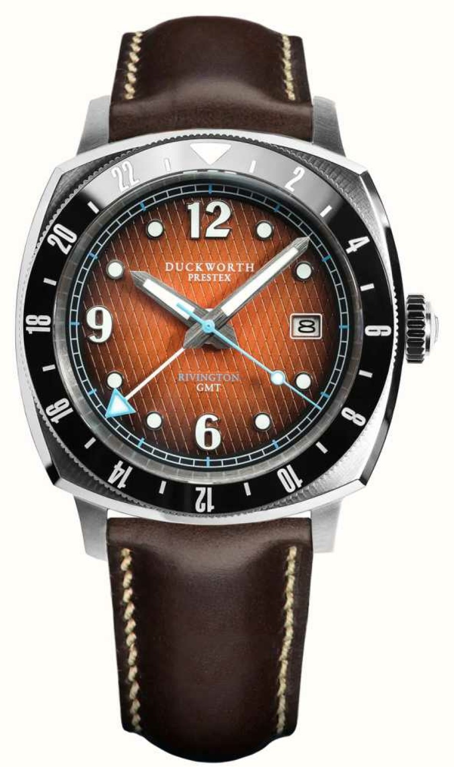 Men'S Duckworth Prestex | Duckworth Prestex Rivington Gmt (42Mm) Orange Fume Waffle Dial / Brown Horween Leather