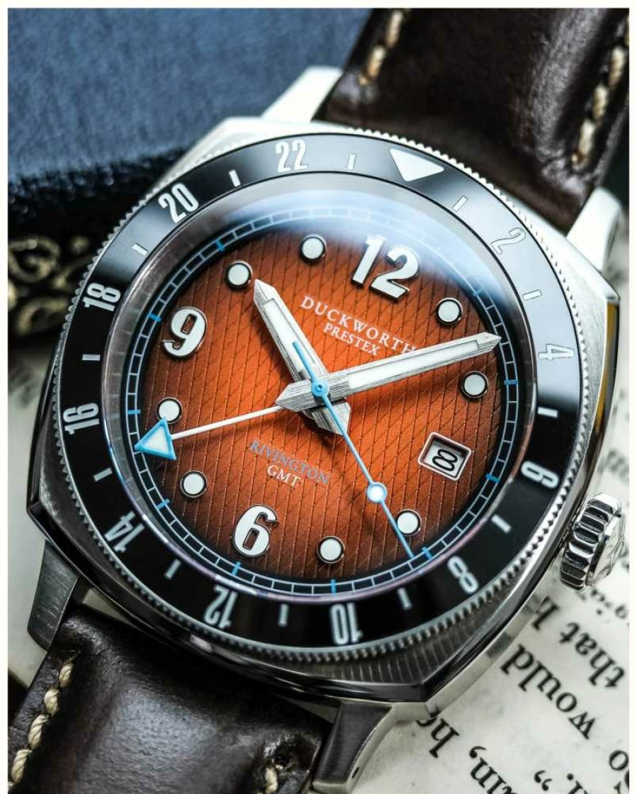 Men'S Duckworth Prestex | Duckworth Prestex Rivington Gmt (42Mm) Orange Fume Waffle Dial / Brown Horween Leather