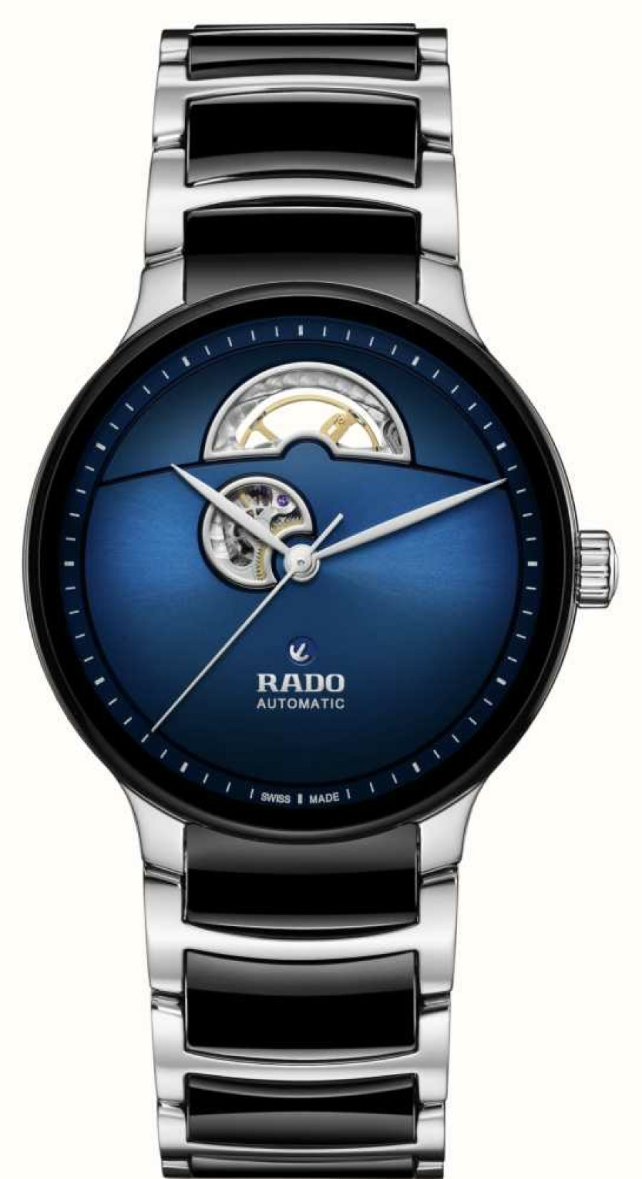 Men'S RADO | Rado Centrix Automatic Open Heart (39.5Mm) Blue Dial / Black High-Tech Ceramic & Stainless Steel