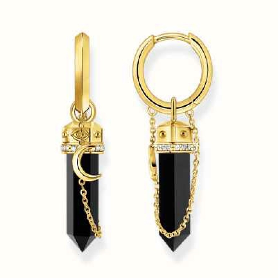 Jewelry Thomas Sabo Jewellery | Thomas Sabo Ladies Onyx And Small Chain Yellow Gold Plated Hoop Earrings