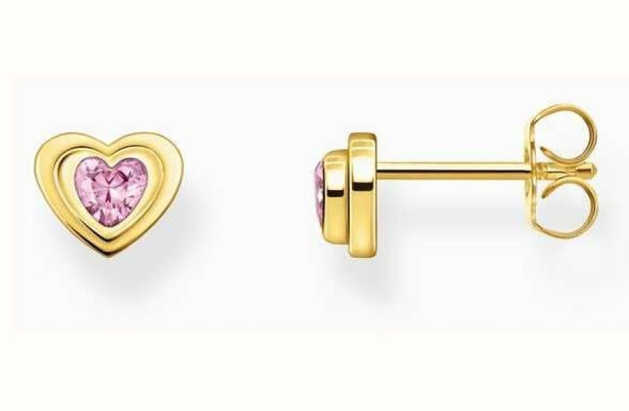 Jewelry Thomas Sabo Jewellery | Thomas Sabo Ladies Pink Zirconia Heart Shape Yellow Gold Plated Stud Earrings