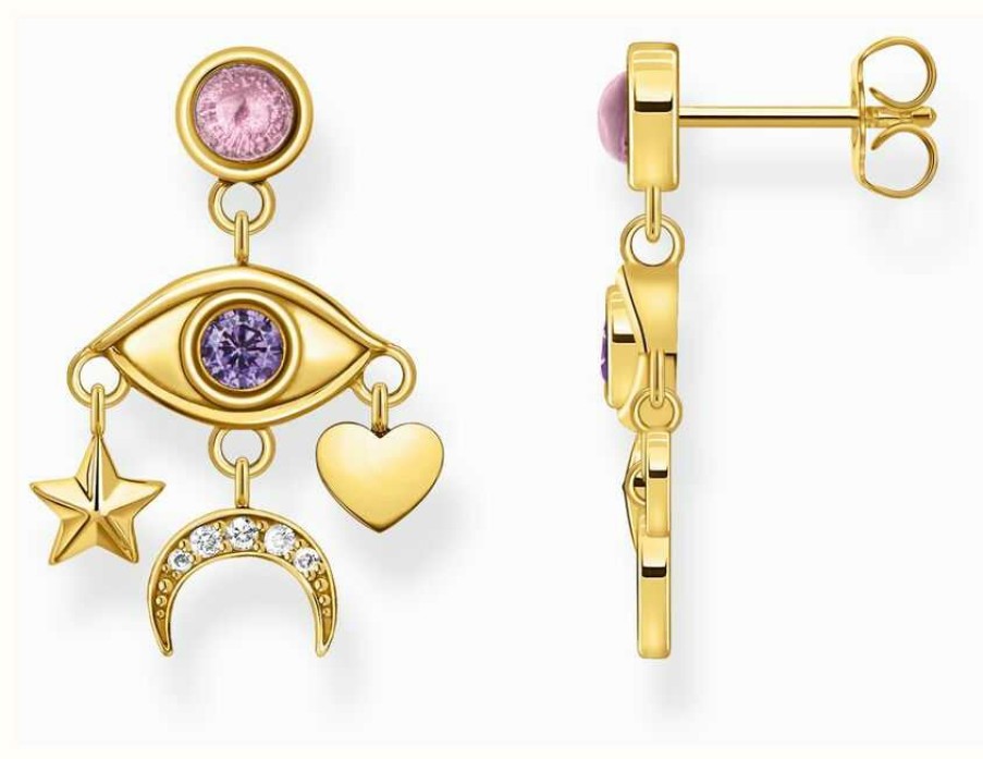 Jewelry Thomas Sabo Jewellery | Thomas Sabo Ladies Stylised Eye With Virious Stones Yellow Gold Plated Earrings