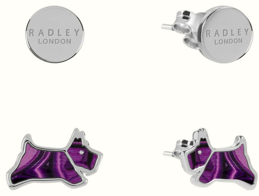 Jewelry Radley Jewellery | Radley Jewellery Silver Plated Round Disc And Purple Malachite Coloured Resin Jumping Dog Twin Set