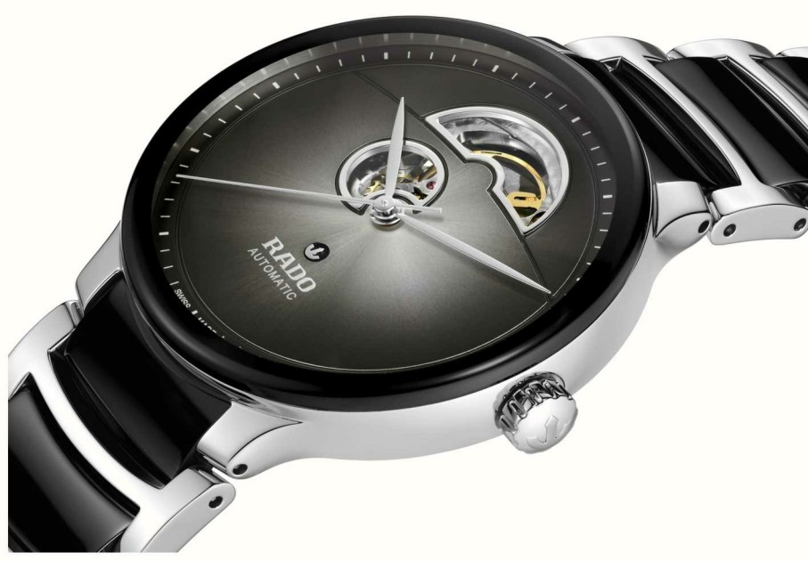 Men'S RADO | Rado Centrix Automatic Open Heart (39.5Mm) Black Dial / Black High-Tech Ceramic & Stainless Steel