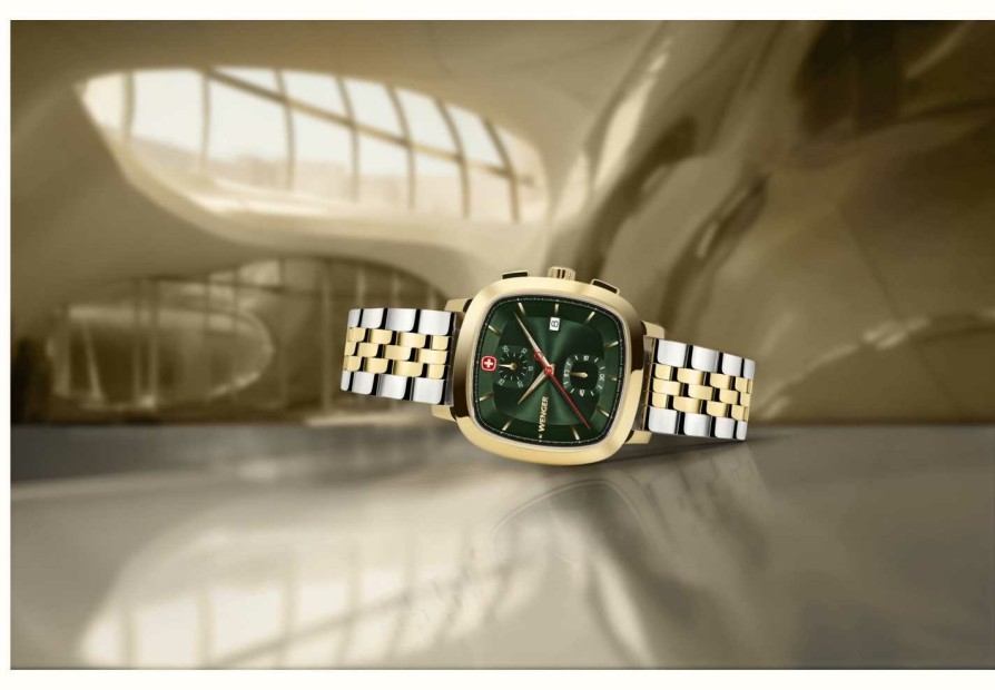 Men'S Wenger | Wenger Men'S Vintage Classic Chrono (40Mm) Green Dial / Two-Tone Stainless Steel Bracelet