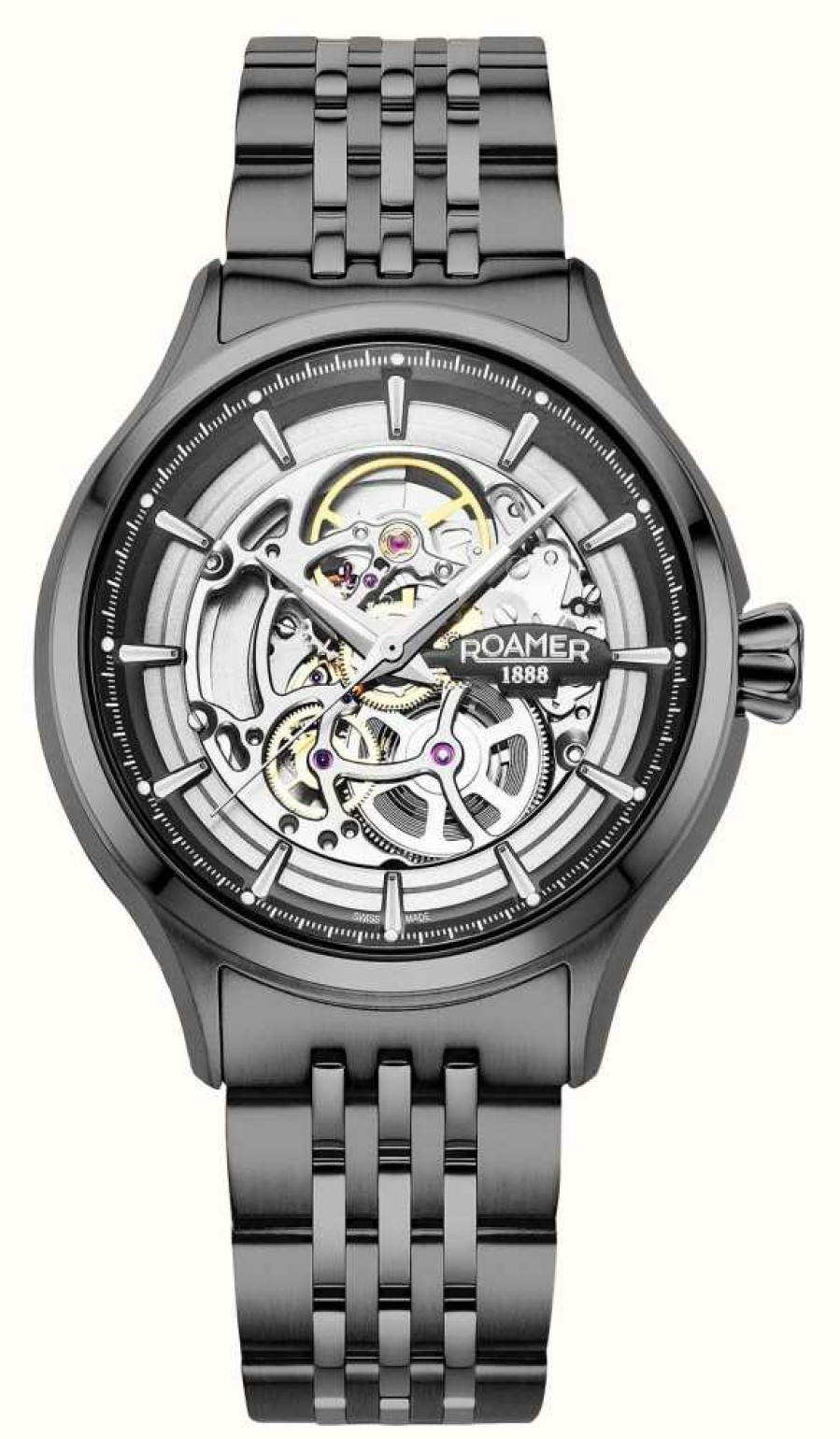 Men'S Roamer | Roamer Competence Skeleton Iv (43Mm) Silver Skeleton Dial / Black Stainless Steel Bracelet