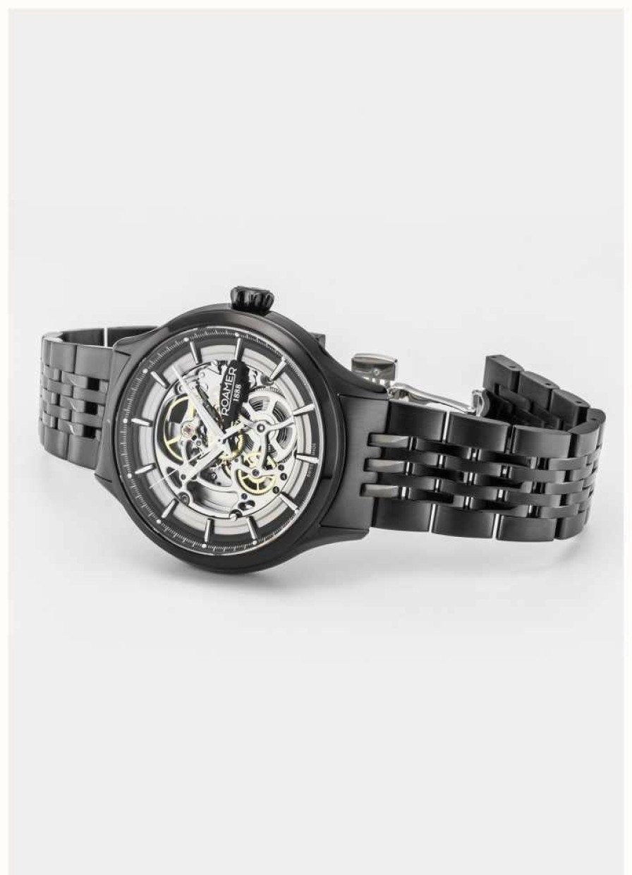 Men'S Roamer | Roamer Competence Skeleton Iv (43Mm) Silver Skeleton Dial / Black Stainless Steel Bracelet