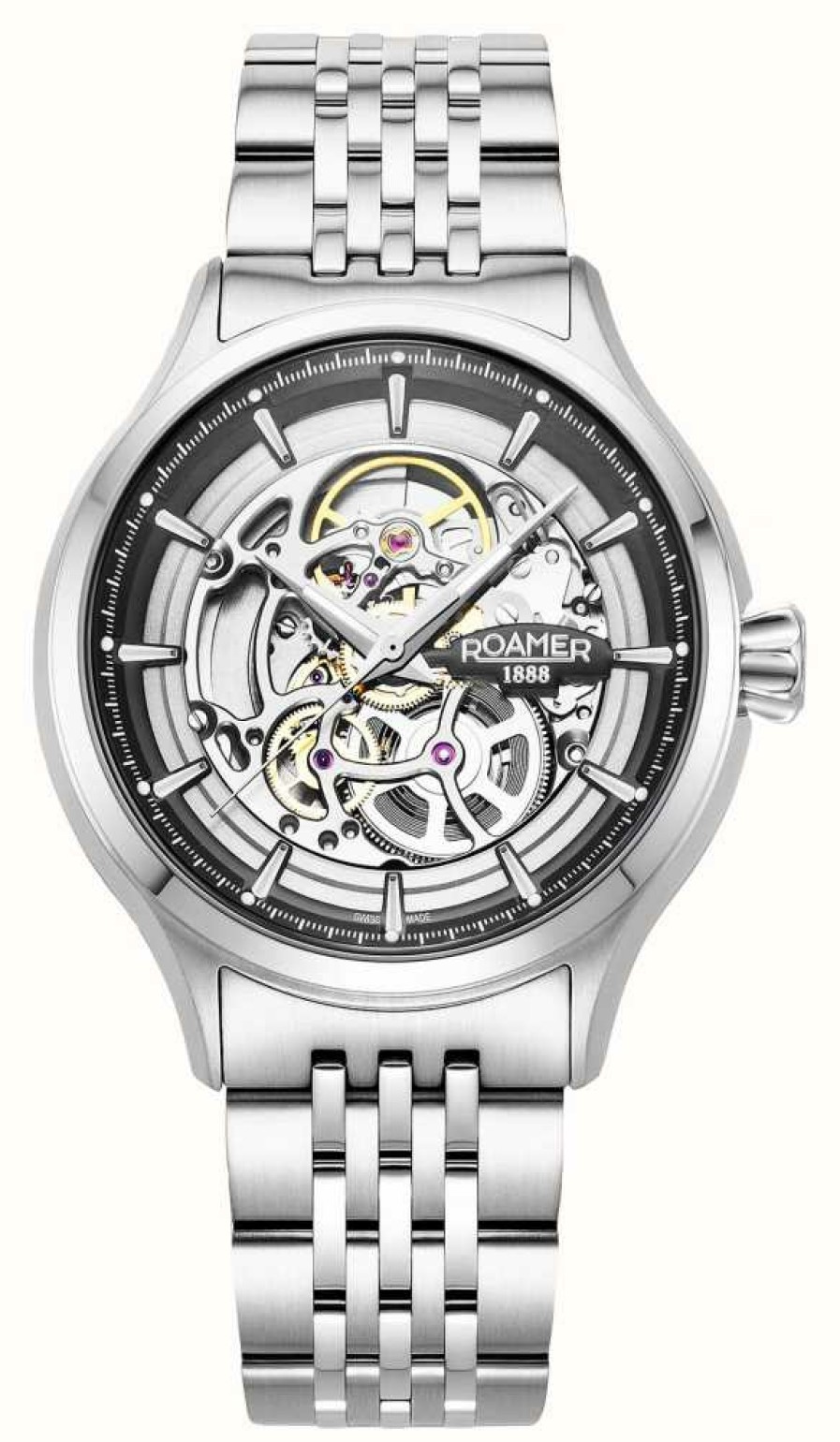 Men'S Roamer | Roamer Competence Skeleton Iv (43Mm) Silver Skeleton Dial / Stainless Steel Bracelet