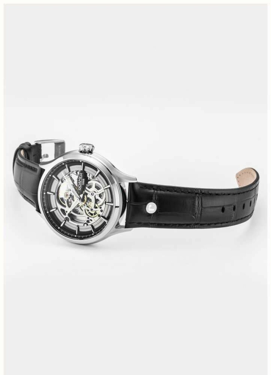 Men'S Roamer | Roamer Competence Skeleton Iv (43Mm) Silver Skeleton Dial / Black Leather Strap