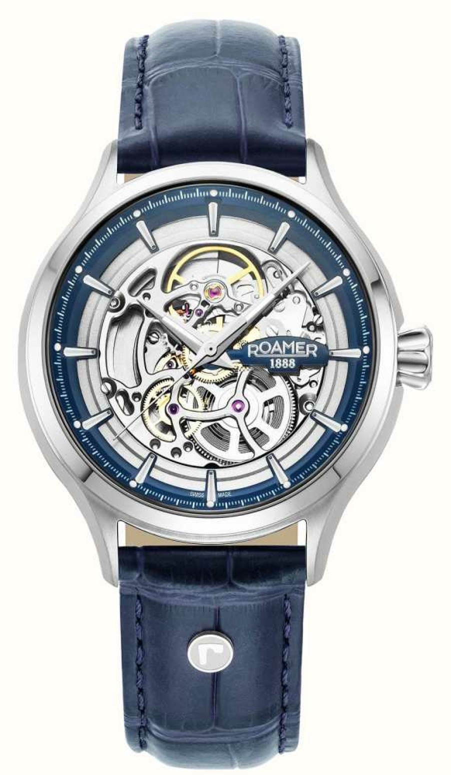 Men'S Roamer | Roamer Competence Skeleton Iv (43Mm) Silver Skeleton Dial / Blue Leather Strap