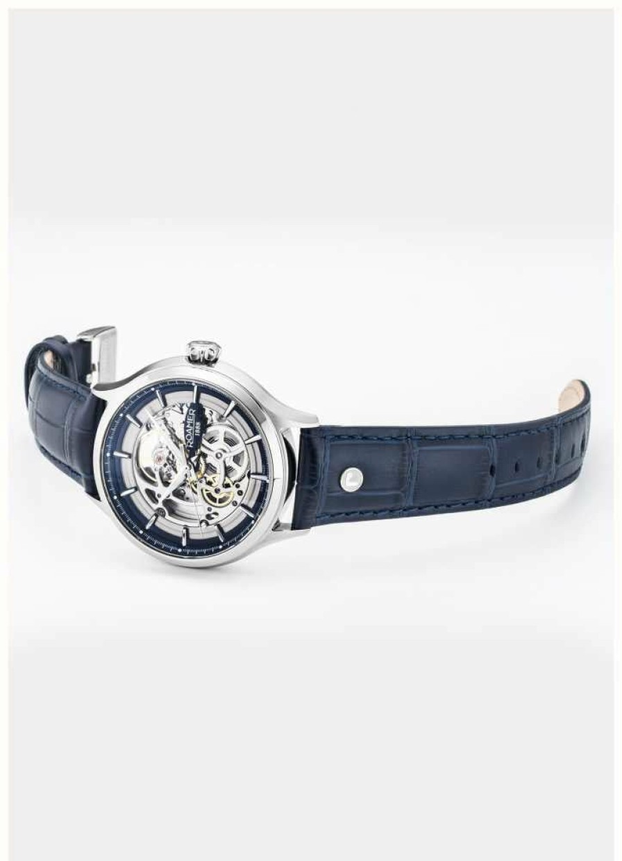 Men'S Roamer | Roamer Competence Skeleton Iv (43Mm) Silver Skeleton Dial / Blue Leather Strap