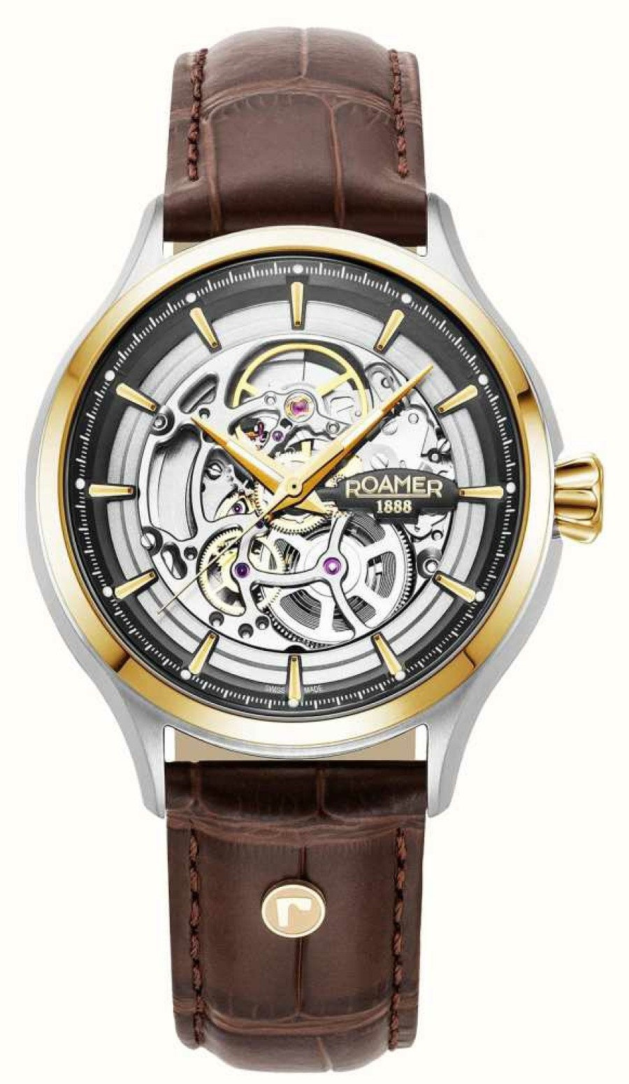 Men'S Roamer | Roamer Competence Skeleton Iv (43Mm) Silver Skeleton Dial / Brown Leather Strap