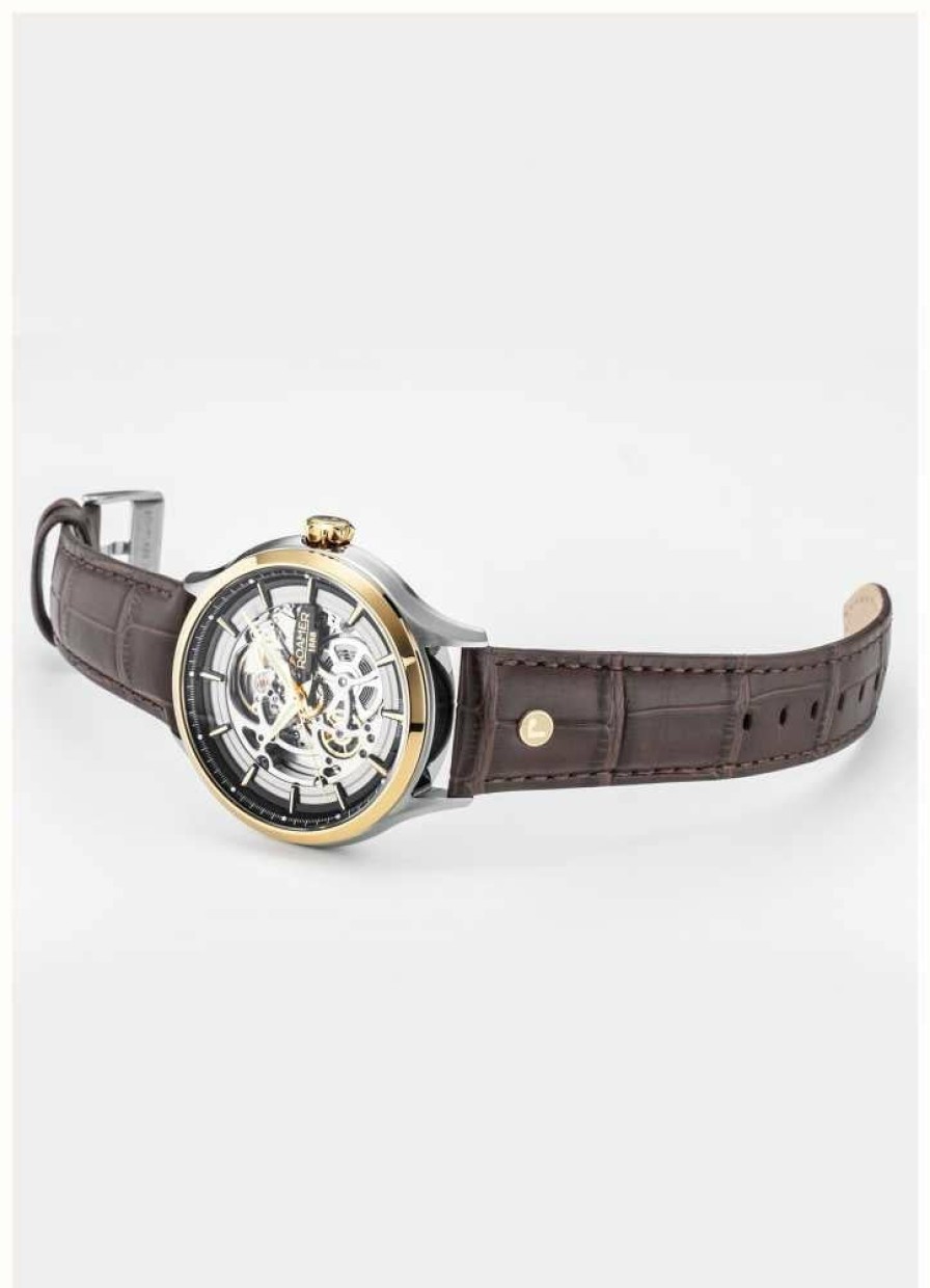 Men'S Roamer | Roamer Competence Skeleton Iv (43Mm) Silver Skeleton Dial / Brown Leather Strap