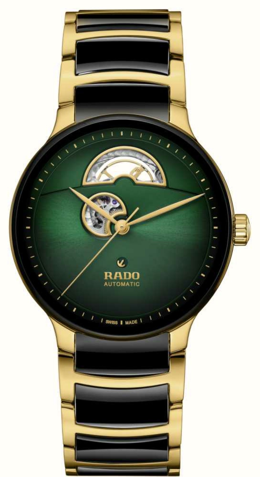 Men'S RADO | Rado Centrix Automatic Open Heart (39.5Mm) Green Dial / Black High-Tech Ceramic & Gold Stainless Steel